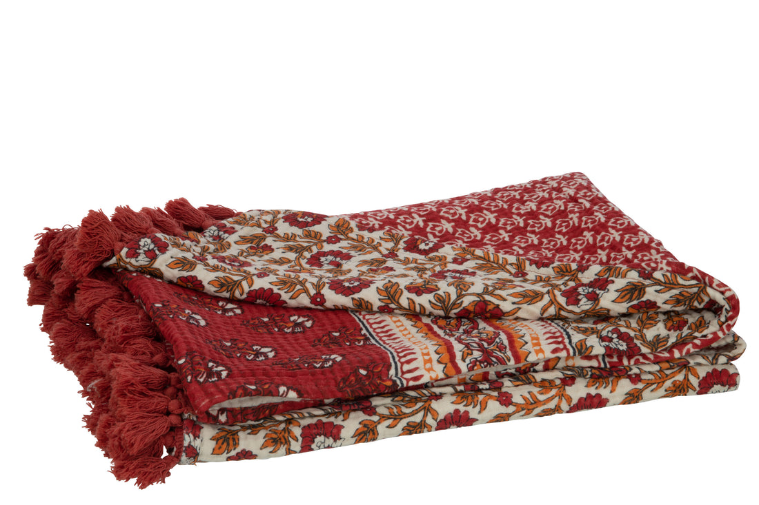 J-Line Plaid/Strand Mat Bloemen Katoen Rood