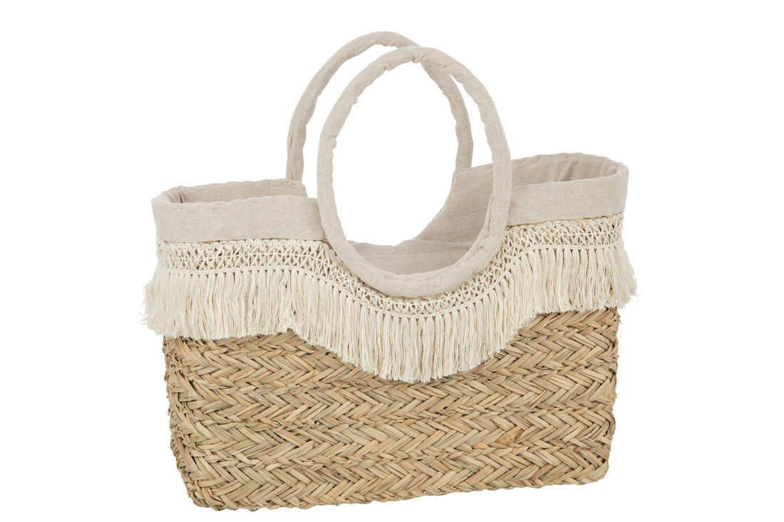 J-Line Strandtas Franjes Gevlochten Zeegras Nat/Creme