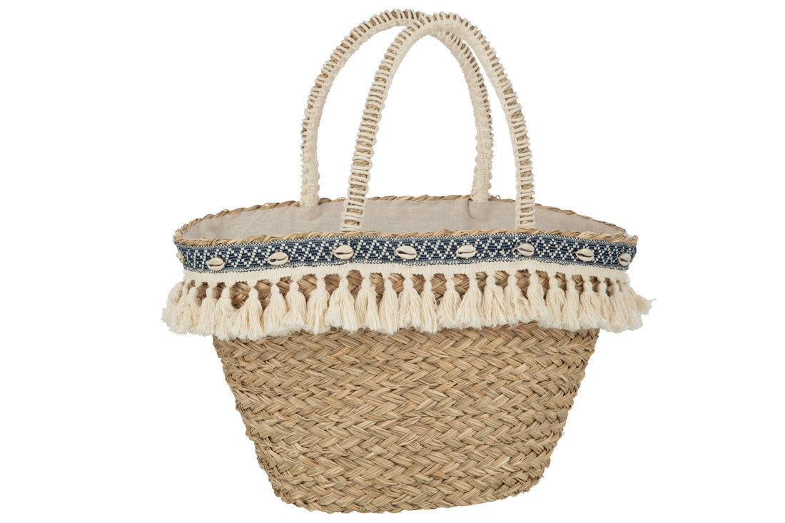 J-Line Strandtas Kwasten+Schelpen Zeegras Nat/Blauw