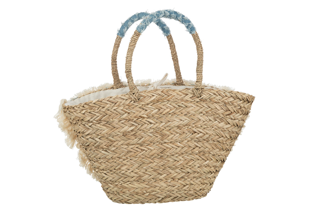 J-Line Strandtas Bloemen+Franjes Denim Zeegras Nat/Blauw