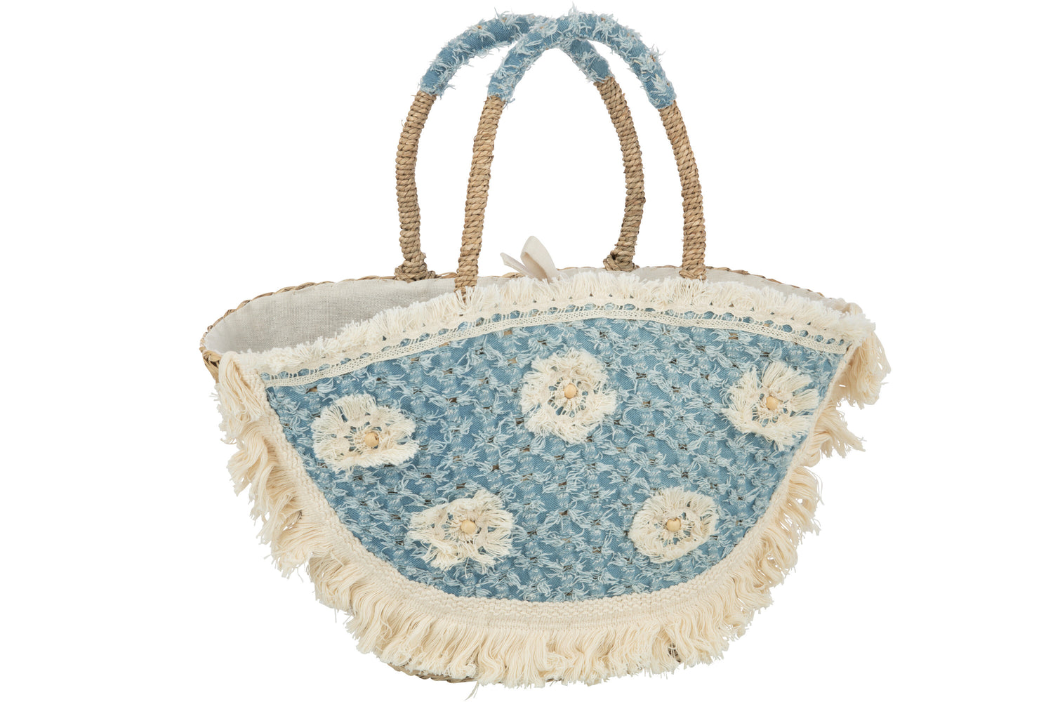 J-Line Strandtas Bloemen+Franjes Denim Zeegras Nat/Blauw