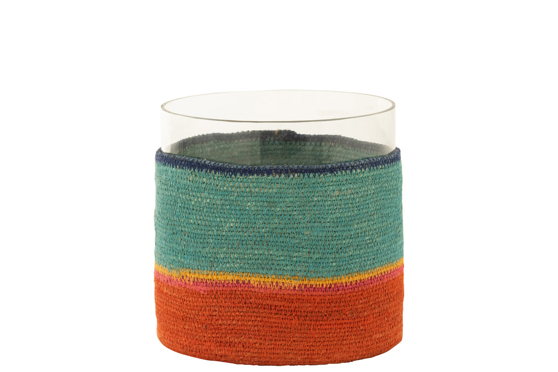 Theelichthouder rond + strepen glas/zeegras blauw/oranje