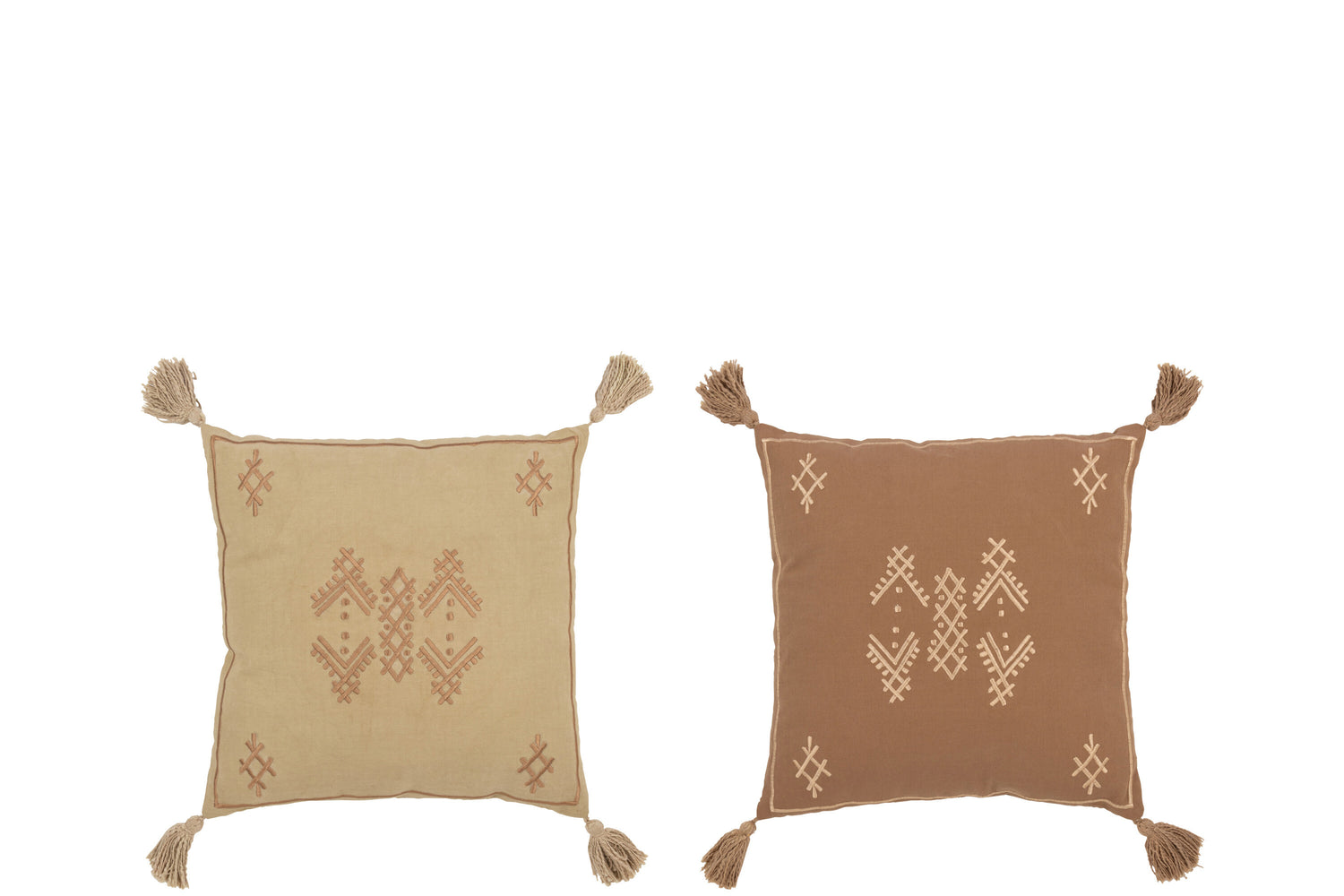 Kussen Etnische Patronen+Kwastjes Katoen Zand/Bruin Kleine Assortiment Van 2