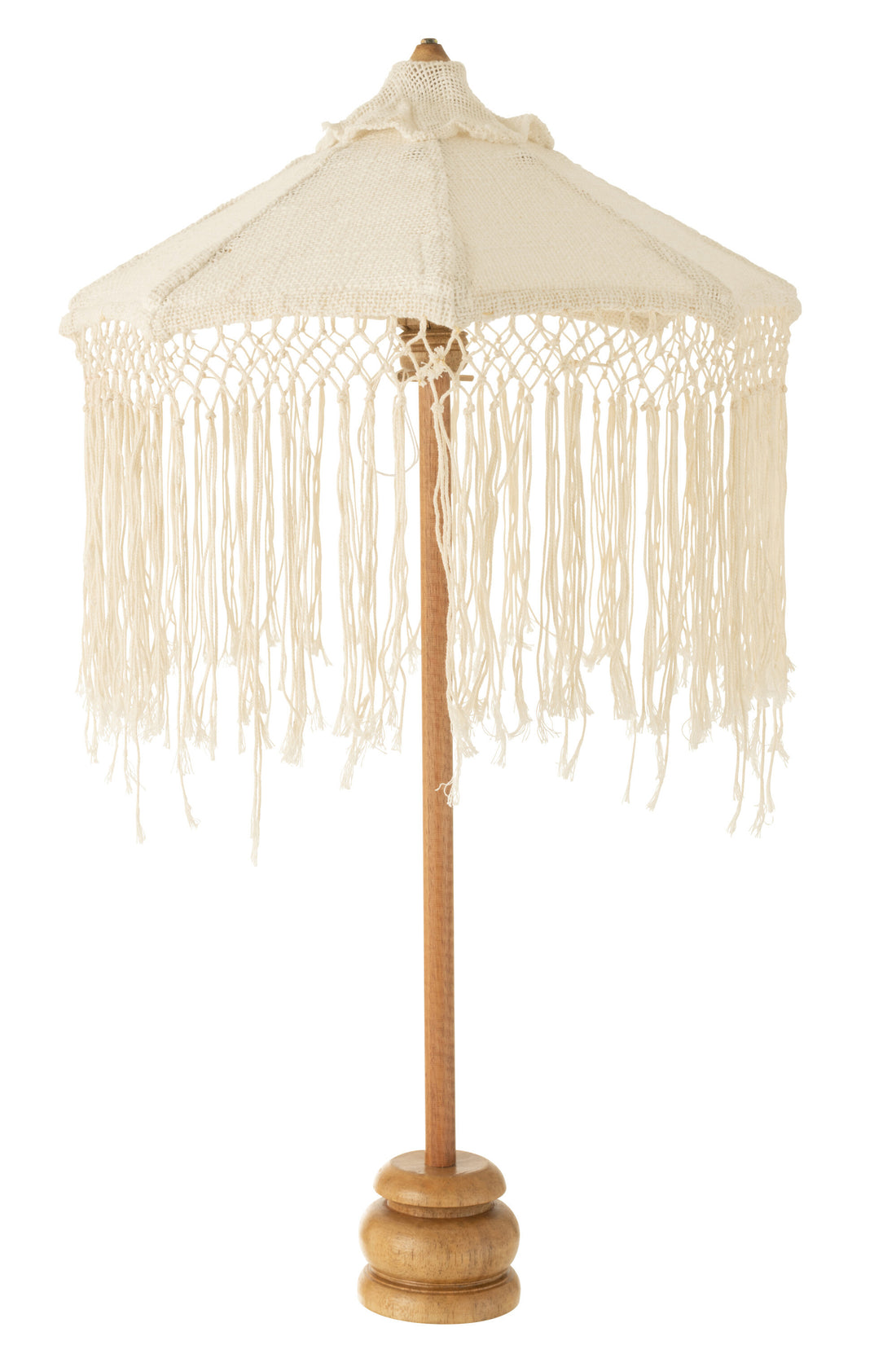 Parasol op voet lange franjes hout/tumanggal wit