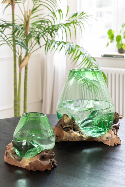 J-Line Vaas Op Voet Gamal Hout/Gerecycleerd Glas Natuur/Groen Medium