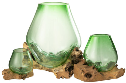 J-Line Vaas Op Voet Gamal Hout/Gerecycleerd Glas Natuur/Groen Large