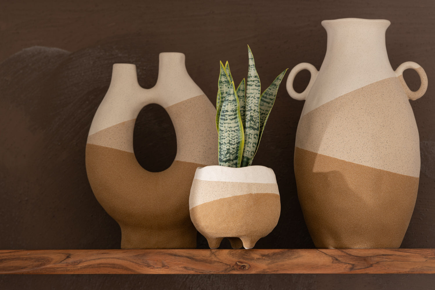 Vaas Oor Keramiek Beige/Lichtbruin Groot