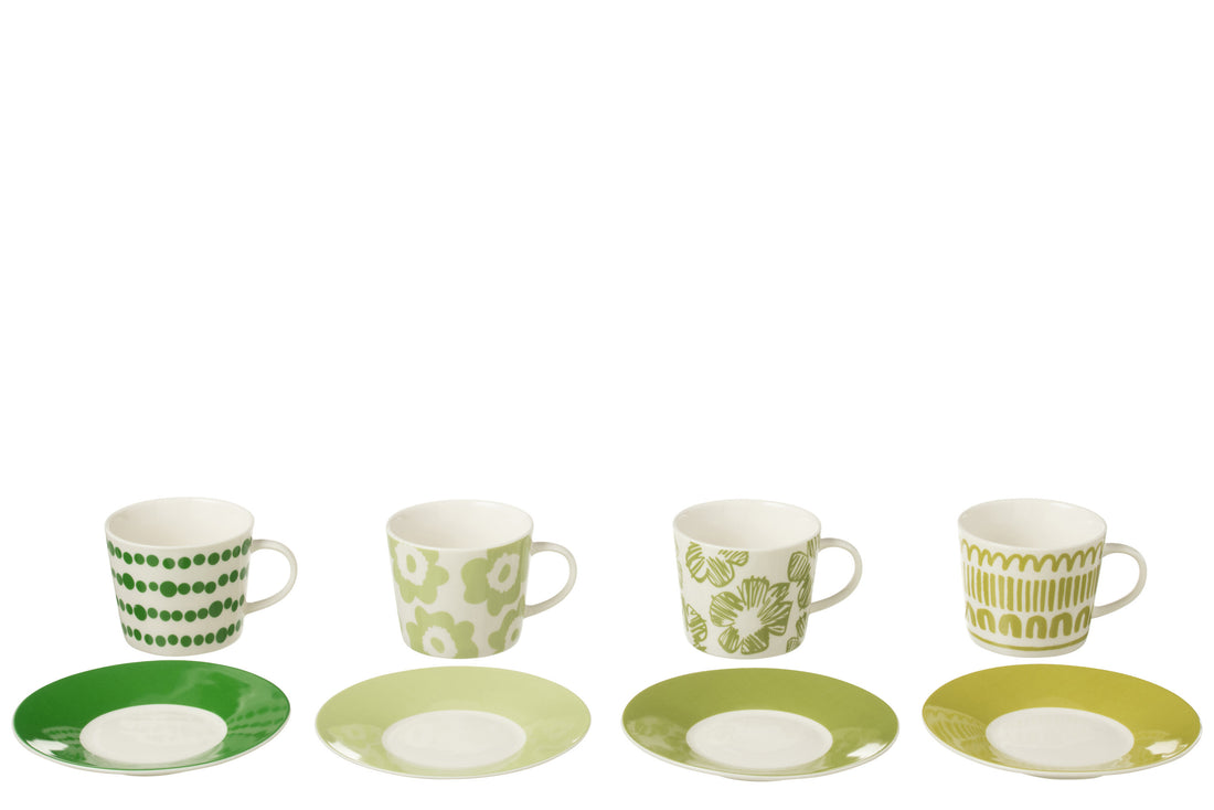 J-Line Set van 4 Koppen + Schotels in Doos Keramiek Groen, groot