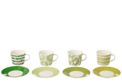 J-Line Set van 4 Koppen + Schotels in Doos Keramiek Groen, groot