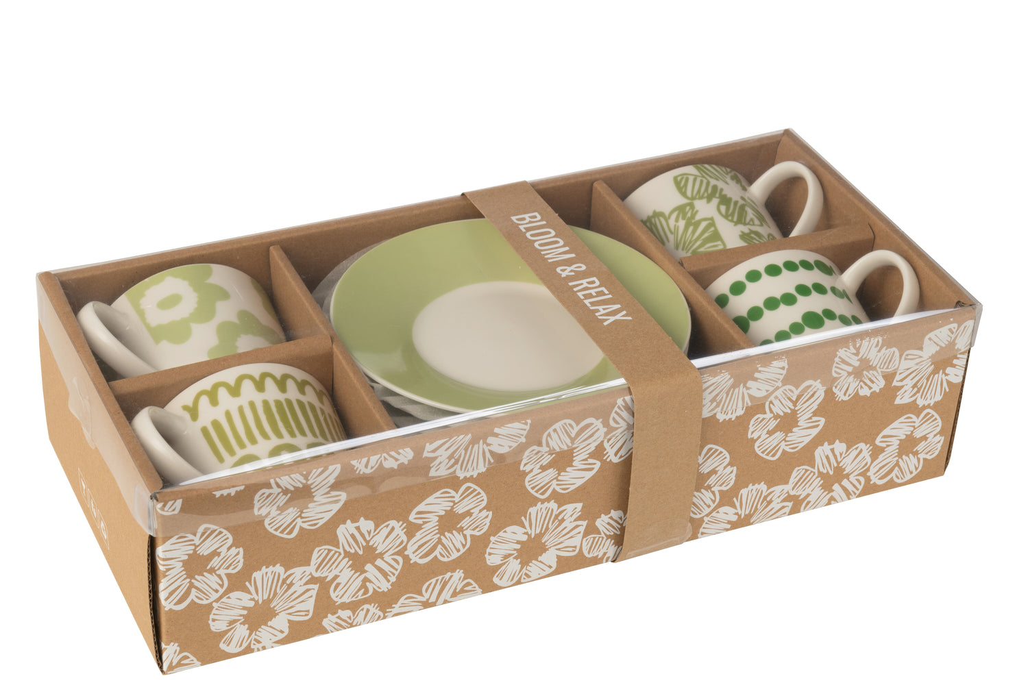 J-Line Set van 4 Koppen + Schotels in Doos Keramiek Groen, groot