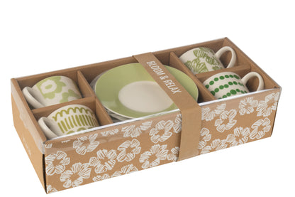 J-Line Set van 4 Koppen + Schotels in Doos Keramiek Groen, groot