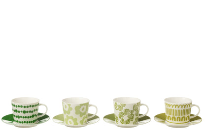 J-Line Set van 4 Koppen + Schotels in Doos Keramiek Groen, groot
