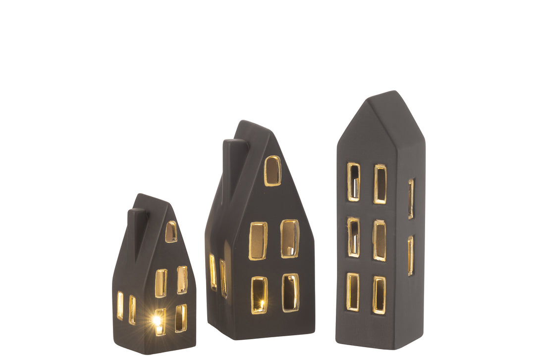 Set van 3 huizen LED porselein zwart/goud