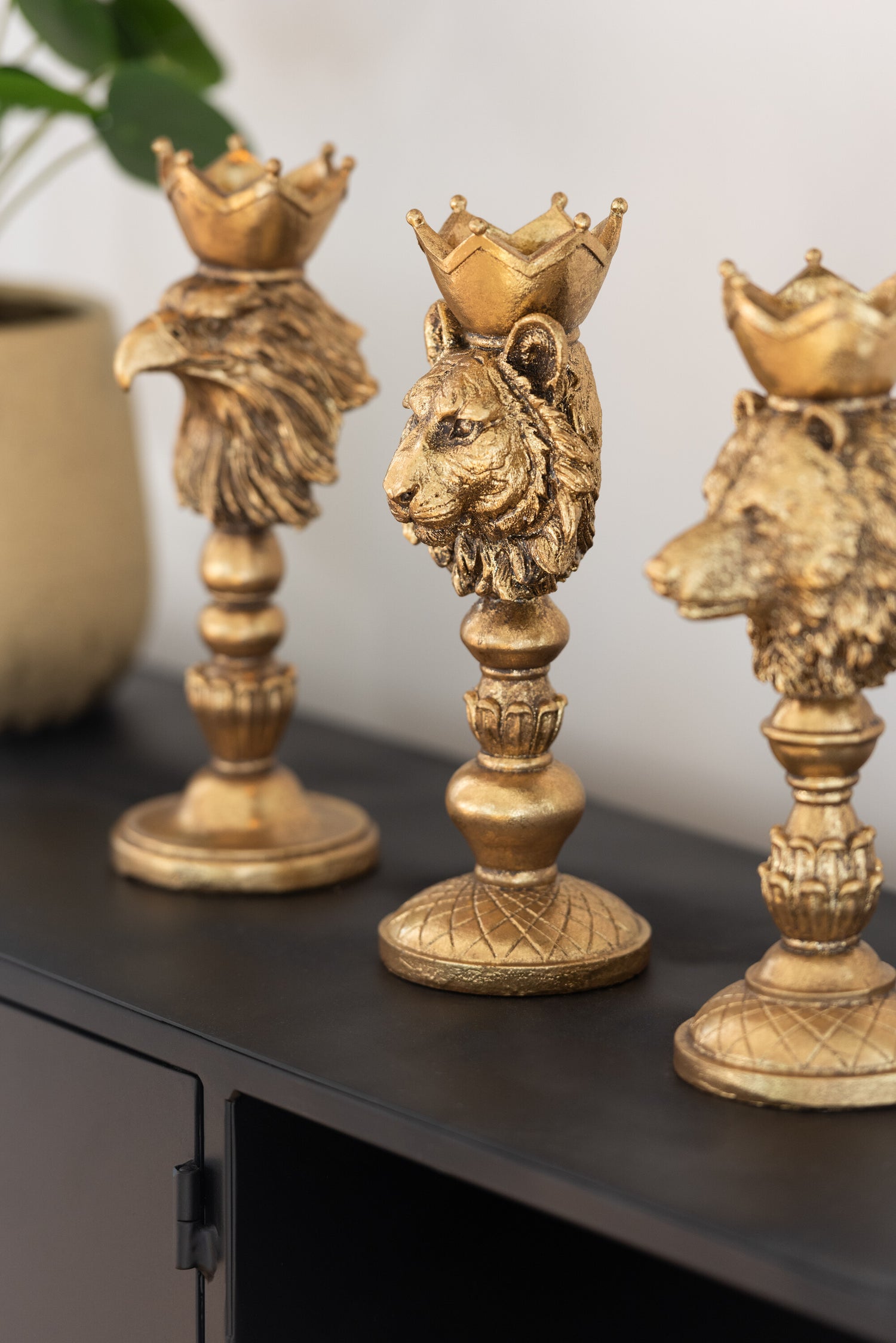 Kaarsenhouder Kroon Dieren Hars Goud Assortiment Van 3