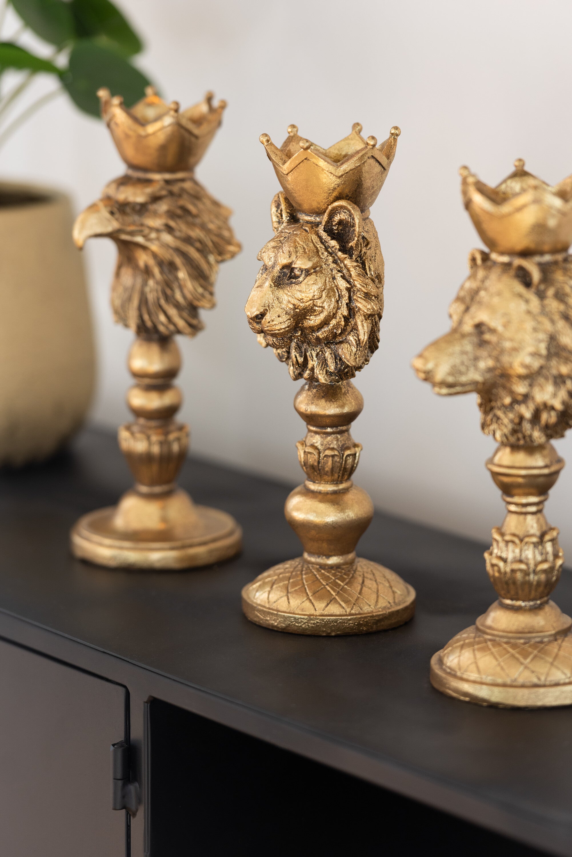 Kaarsenhouder Kroon Dieren Hars Goud Assortiment Van 3