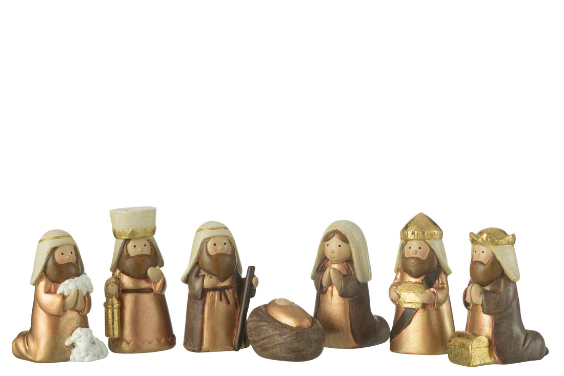 Kerststal 7 delen hars bruin/goud