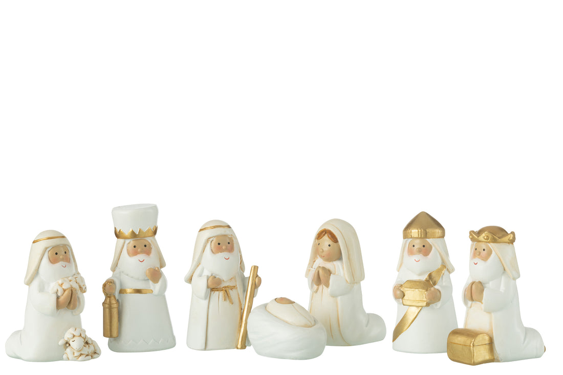 Kerststal 7 delen hars wit/goud