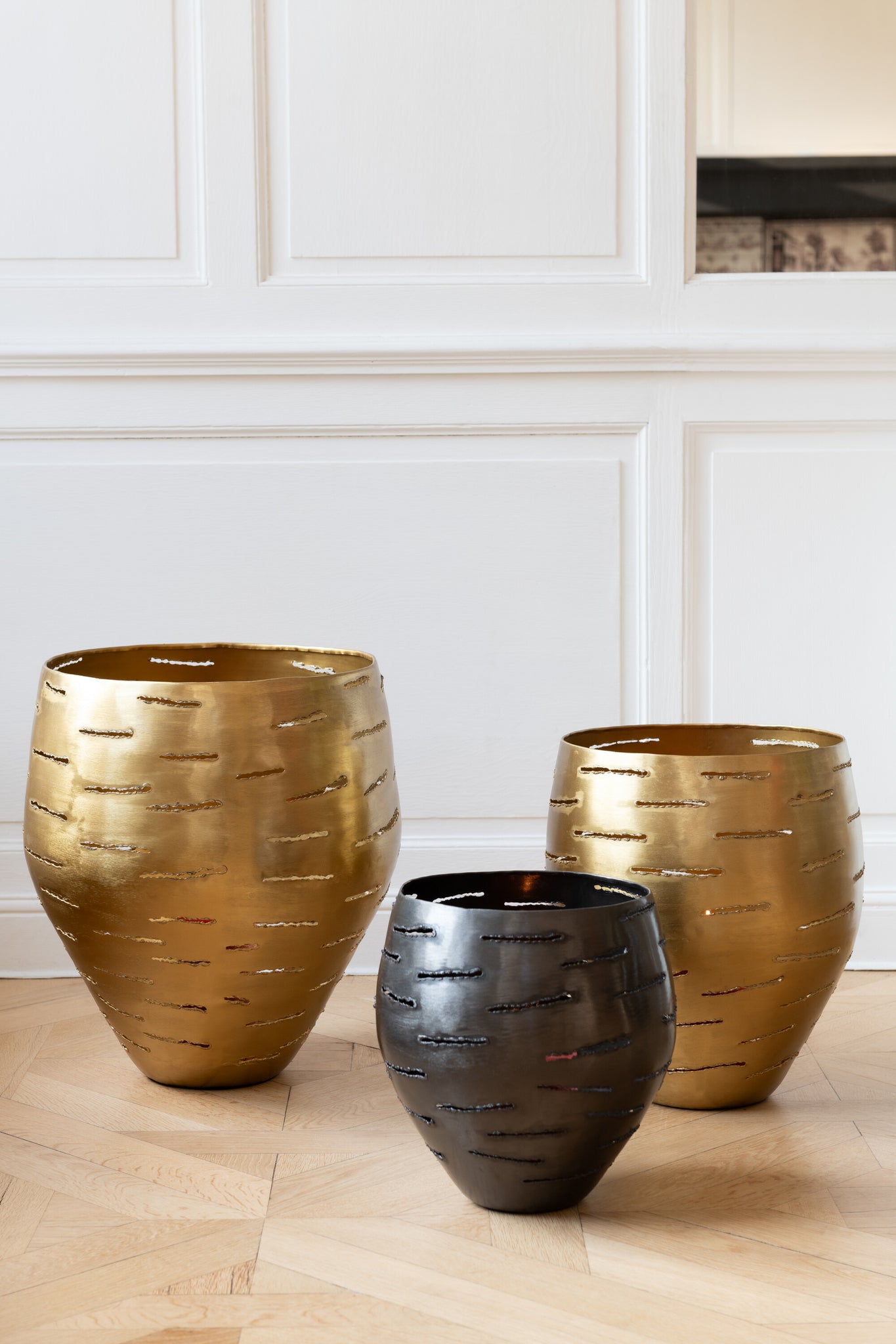 Set van 3 stormlamp schalen, metaal, goudkleurig
