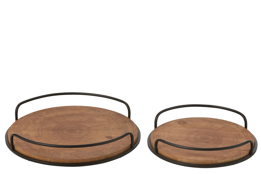 Set van 2 dienbladen rond MDF/IJzer Natuurlijk/Zwart