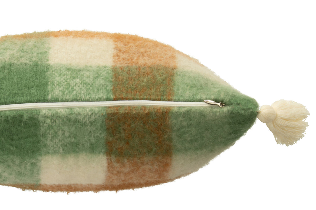 J-Line Kussen Ruitjes+Kwastjes Acryl Wit/Groen/Bruin