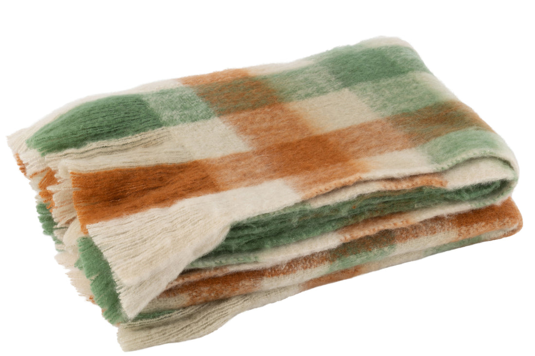 J-Line Plaid Ruitjes+Franjes Acryl Wit/Groen/Bruin