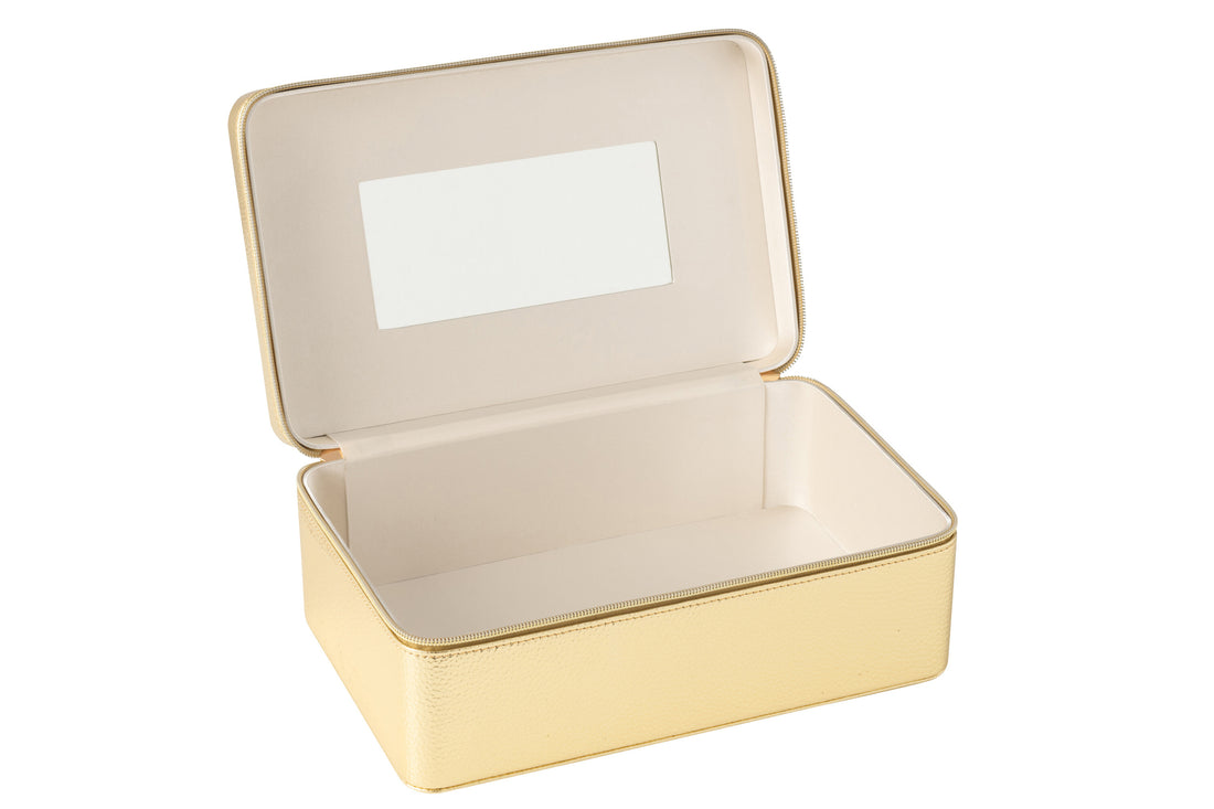 Cosmetische Doos Rechthoek + Spiegel Kunstleer Goud