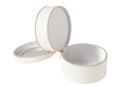 Cosmetische Doos Rond + Spiegel Kunstleer Wit