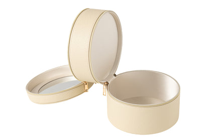 Cosmetische Doos Rond + Spiegel Kunstleer Beige