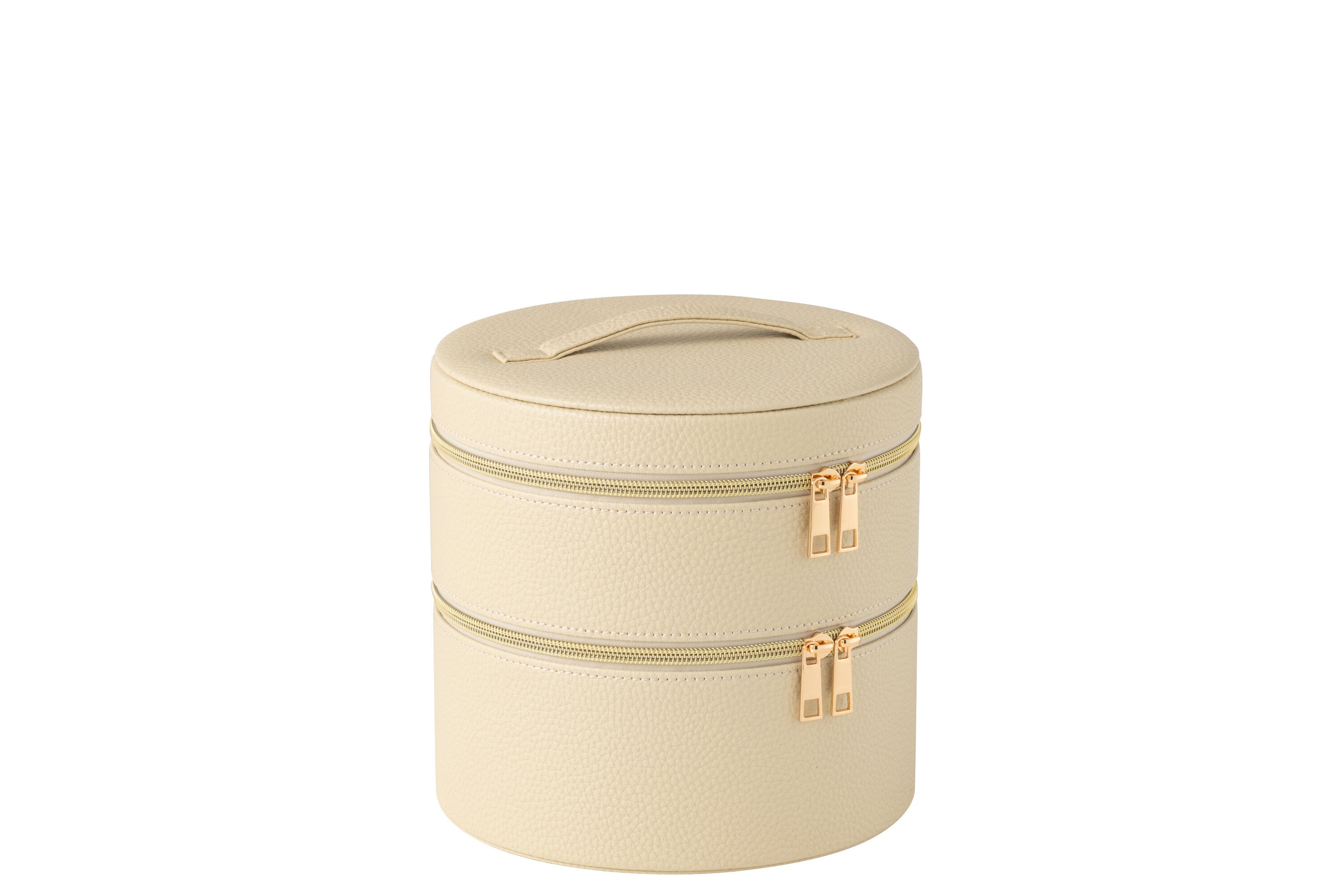 Cosmetische Doos Rond + Spiegel Kunstleer Beige