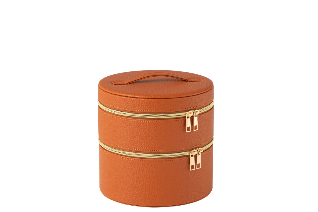 Cosmetische Doos Rond + Spiegel Kunstleer Cognac