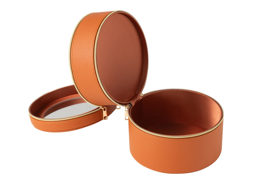 Cosmetische Doos Rond + Spiegel Kunstleer Cognac