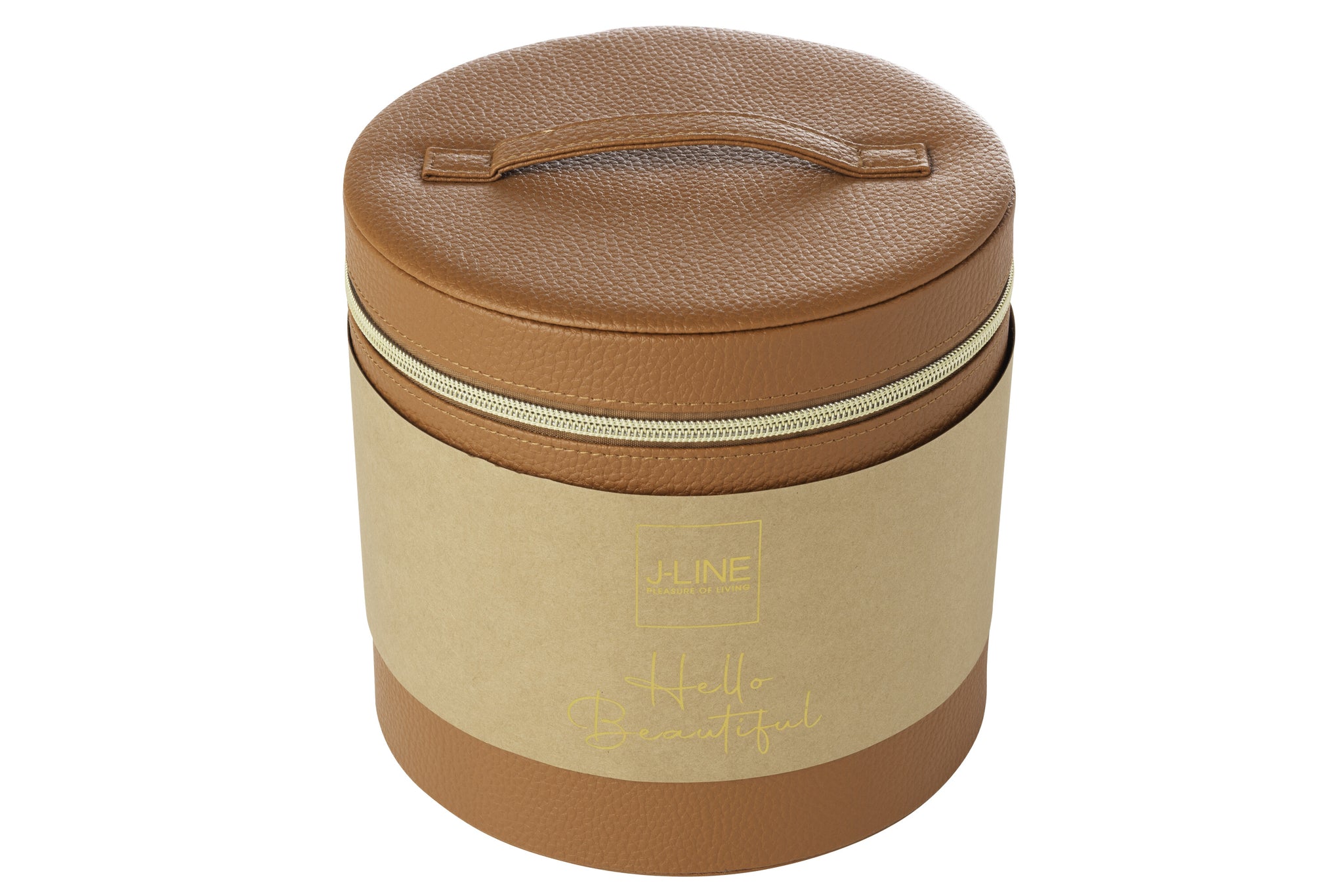 Cosmetische Doos Rond + Spiegel Kunstleer Cognac