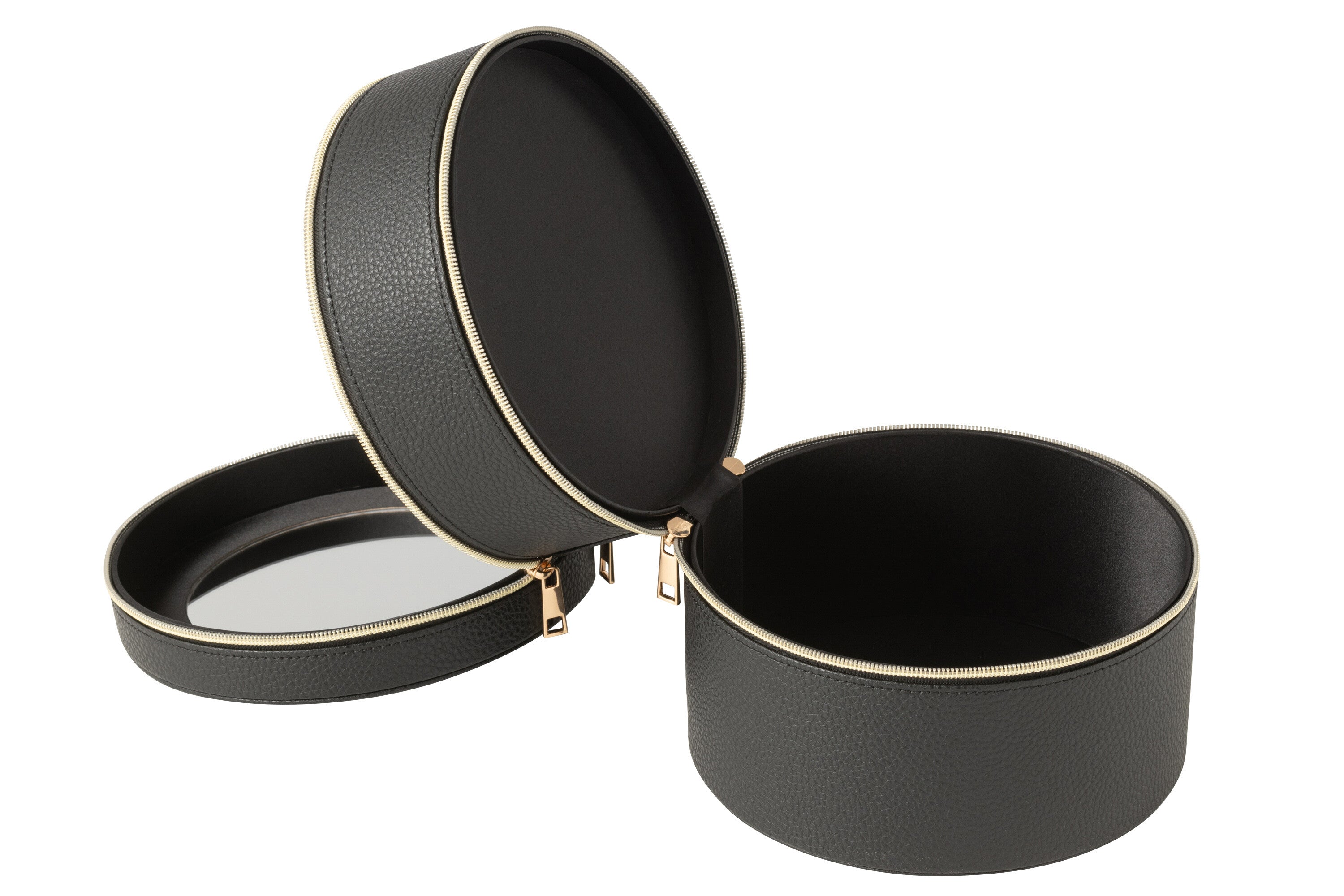 Cosmetische Doos Rond + Spiegel Kunstleer Zwart