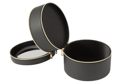 Cosmetische Doos Rond + Spiegel Kunstleer Zwart