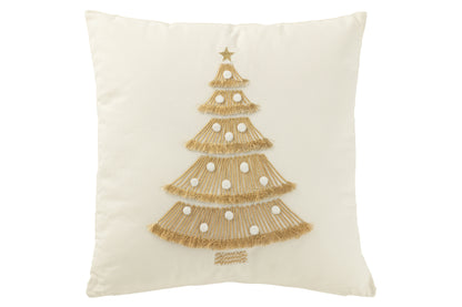 J-Line Kussen Kerstboom Franjes+Pompoms Katoen Wit/Goud