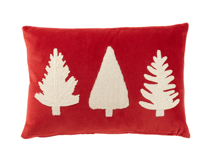 J-Line Kussen Rechthoek Kerstbomen Textuur Velours Rood/Wit