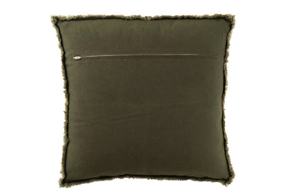 Kussen met rafelige randen van polyester/katoen in donkergroen.