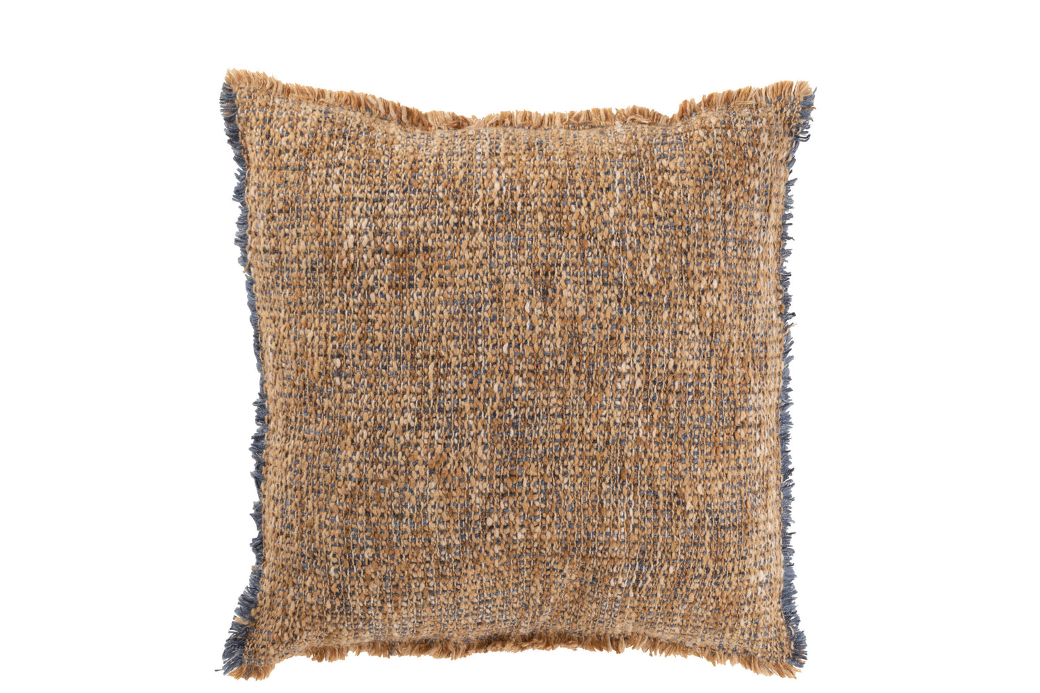 Kussen met rafelige randen van polyester/katoen lichtbruin/blauw