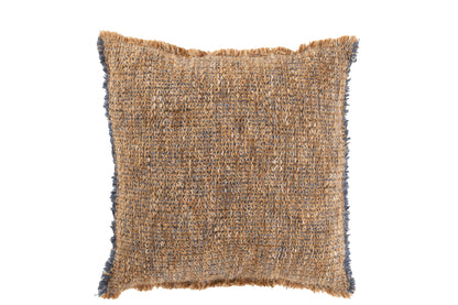 Kussen met rafelige randen van polyester/katoen lichtbruin/blauw