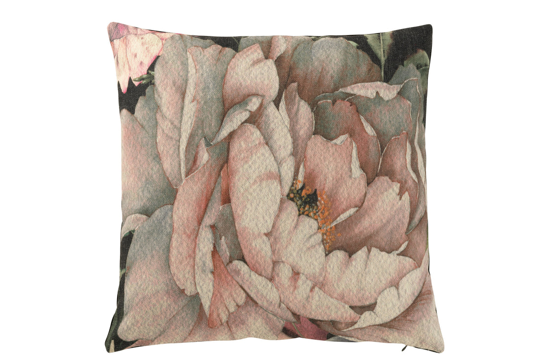 J-Line Kussen Bedrukt Bloem Polyester/Katoen Zwart/Roze
