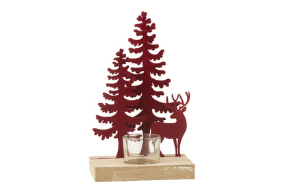 Theelichthouder 1 stuk Rendier/Bomen Metaal/Hout Rood
