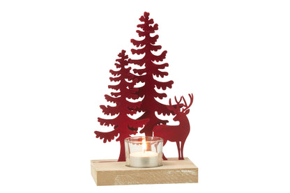 Theelichthouder 1 stuk Rendier/Bomen Metaal/Hout Rood