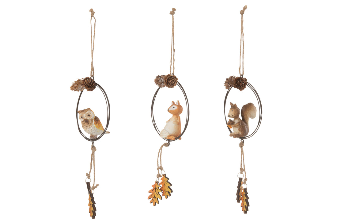 Hanger Ring Vos/Uil/Eekhoorn Metaal/Hout Bruin/Oranje Assortiment Van 3