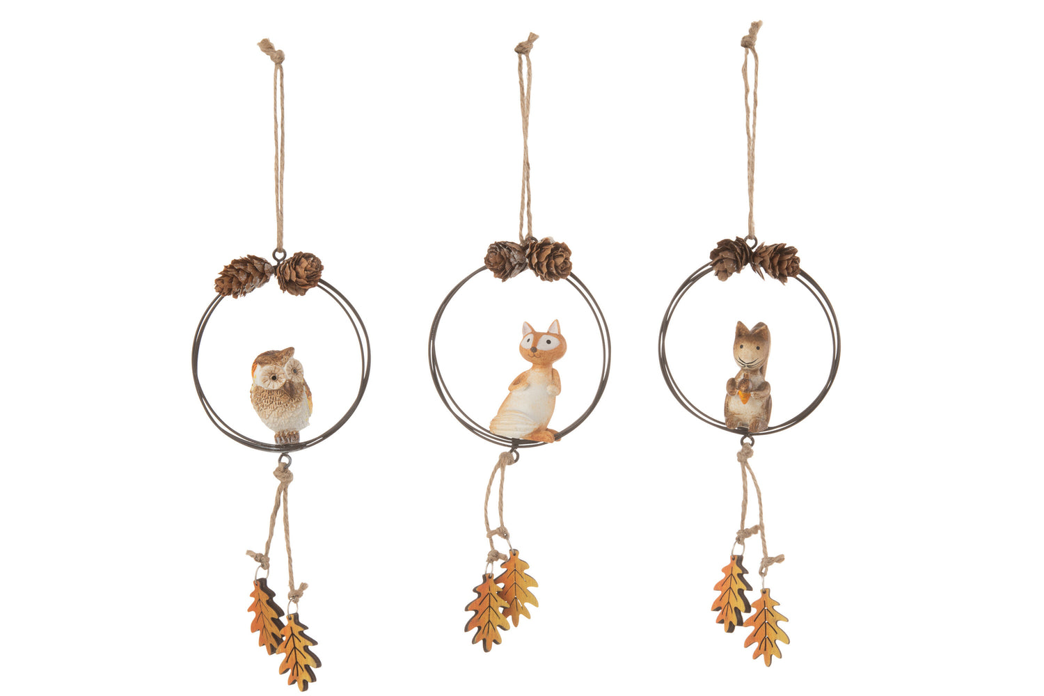 Hanger Ring Vos/Uil/Eekhoorn Metaal/Hout Bruin/Oranje Assortiment Van 3