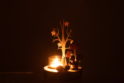 Theelichthouder Eekhoorn/Boom Hout/Metaal Natuurlijk/Oranje