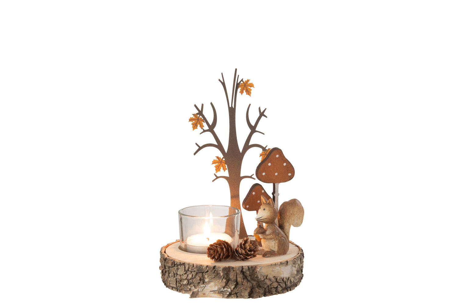 Theelichthouder Eekhoorn/Boom Hout/Metaal Natuurlijk/Oranje