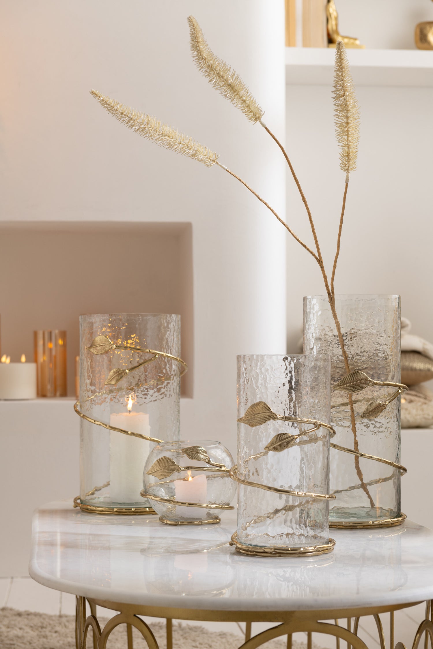 Vaas Blad Breed Glas/IJzer Transparant/Goud