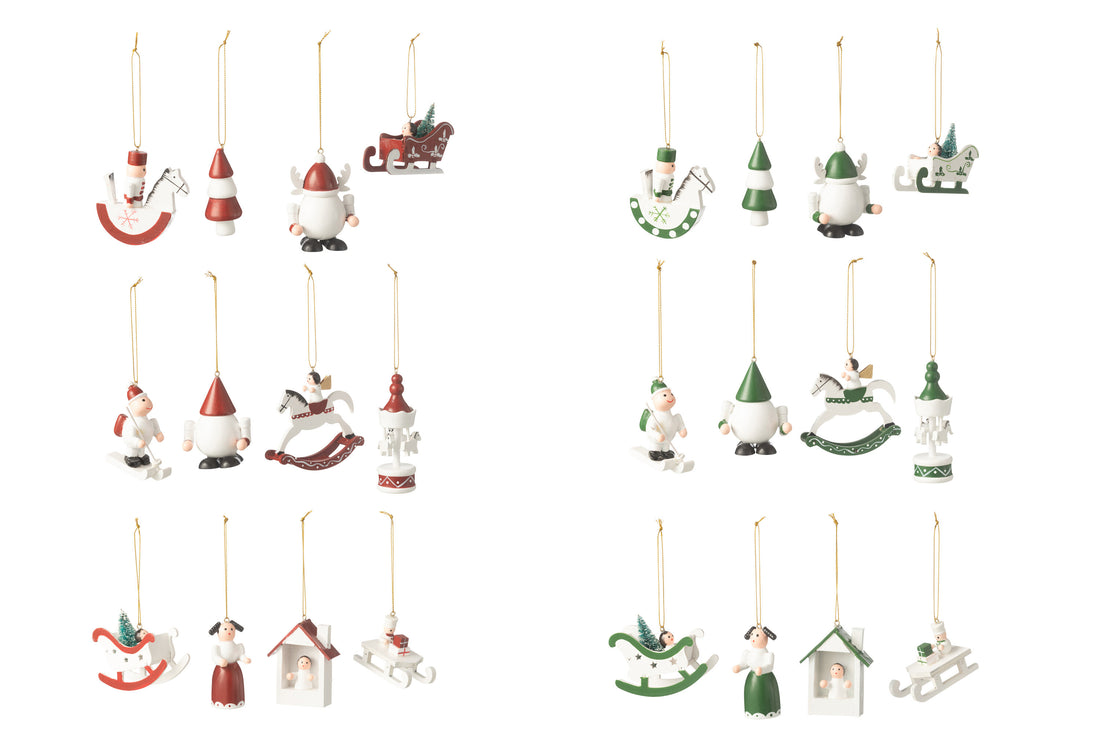 Doos van 12 hangers hout groen/rood assortiment van 2