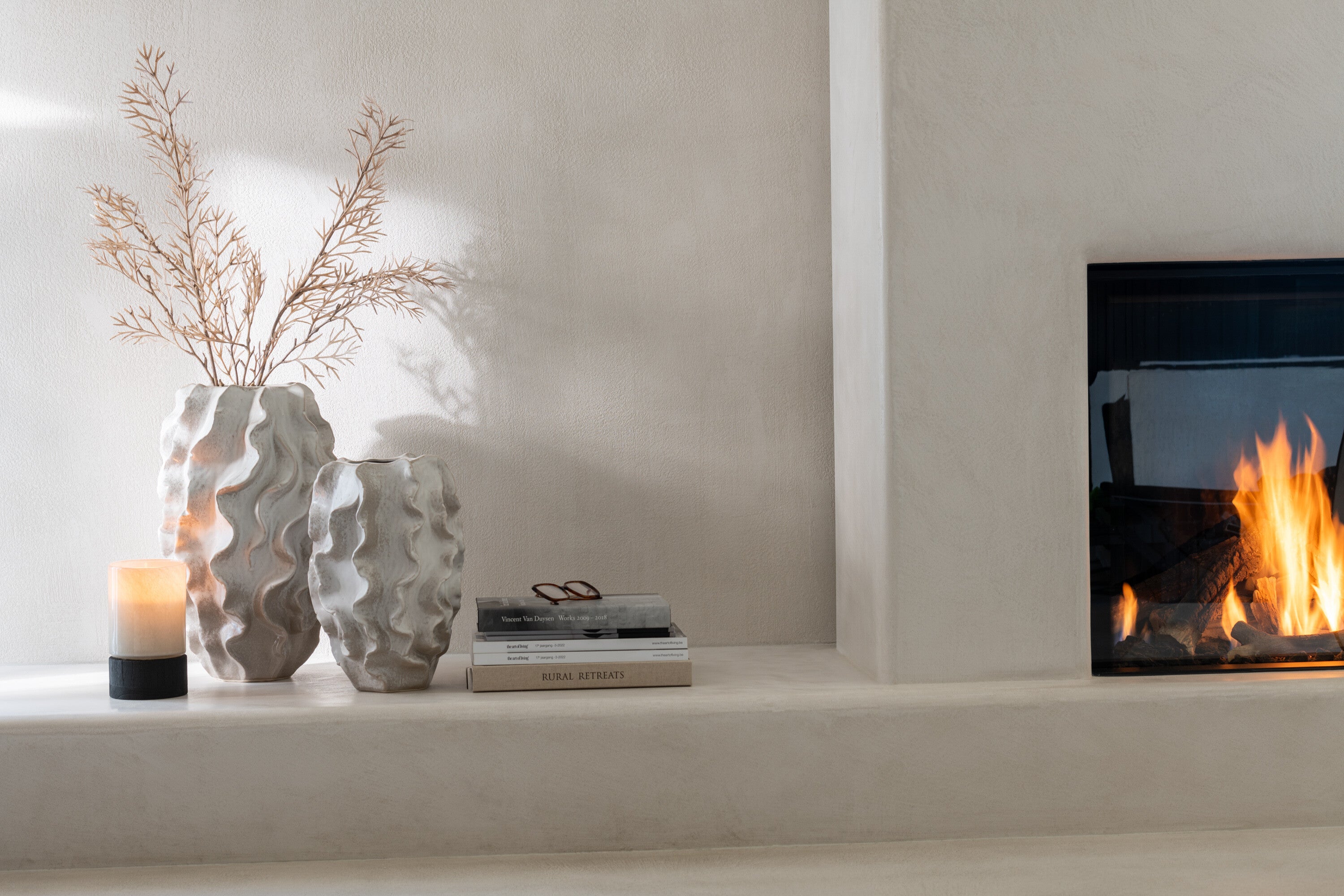 J-Line Windlicht/Vaas Ray Glas/Wilg Wit/Zwart Small