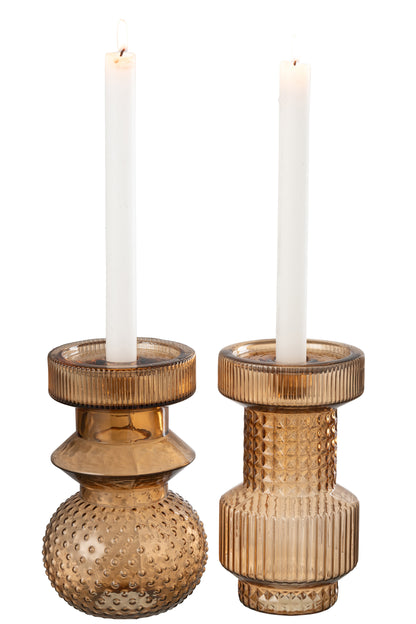 Kaarsenhouder Geometrisch Glas Bruin Assortiment Van 2